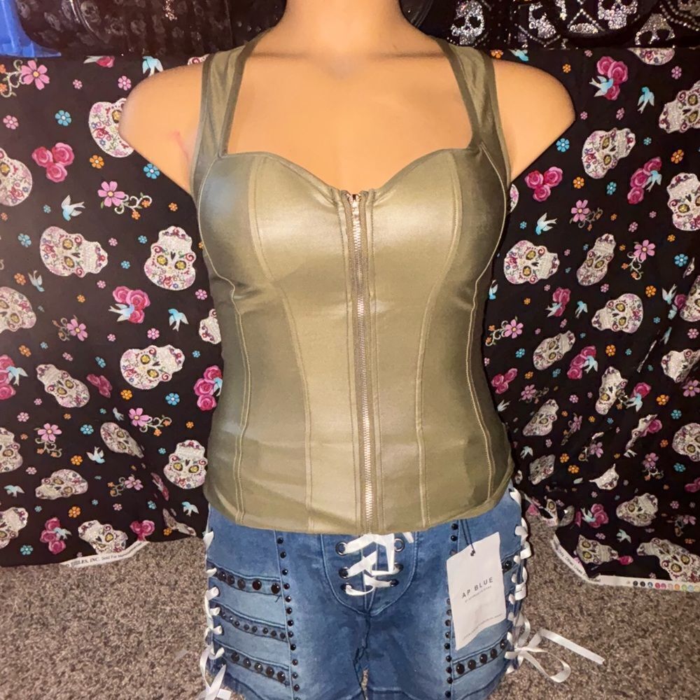 Lydia USA Front Zip Tie Back Corset Top Olive